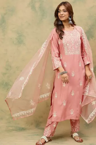 Floral Embroidered Thread Work Pure Cotton Kurta With Trousers & Dupatta