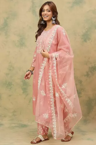 Floral Embroidered Thread Work Pure Cotton Kurta With Trousers & Dupatta