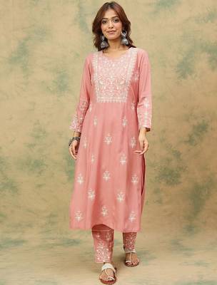 Floral Embroidered Thread Work Pure Cotton Kurta With Trousers & Dupatta 7