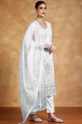 Women Embroidered Regular Sequinned Kurta with Trousers & Dupatta Kurta Sets