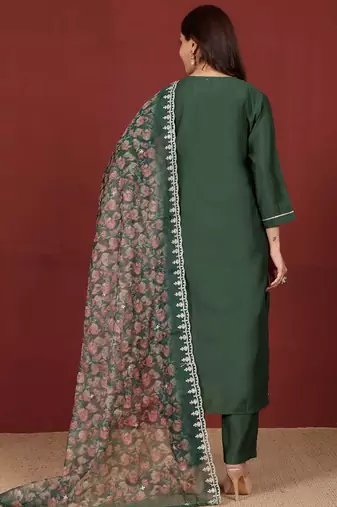 Ethnic Motifs Embroidered Notch Neck Zari Straight Kurta With Trousers & Dupatta