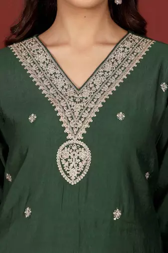 Ethnic Motifs Embroidered Notch Neck Zari Straight Kurta With Trousers & Dupatta
