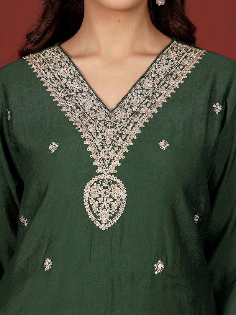 Ethnic Motifs Embroidered Notch Neck Zari Straight Kurta With Trousers & Dupatta