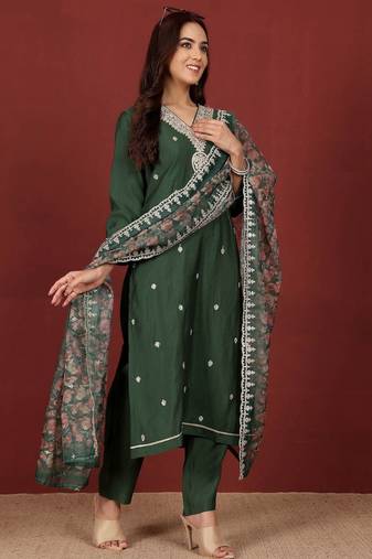 Ethnic Motifs Embroidered Notch Neck Zari Straight Kurta With Trousers & Dupatta