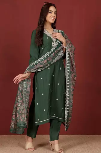 Ethnic Motifs Embroidered Notch Neck Zari Straight Kurta With Trousers & Dupatta