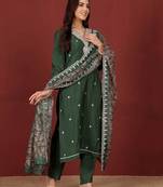 Ethnic Motifs Embroidered Notch Neck Zari Straight Kurta With Trousers & Dupatta