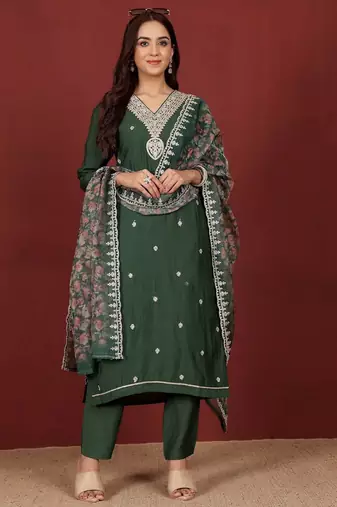 Ethnic Motifs Embroidered Notch Neck Zari Straight Kurta With Trousers & Dupatta