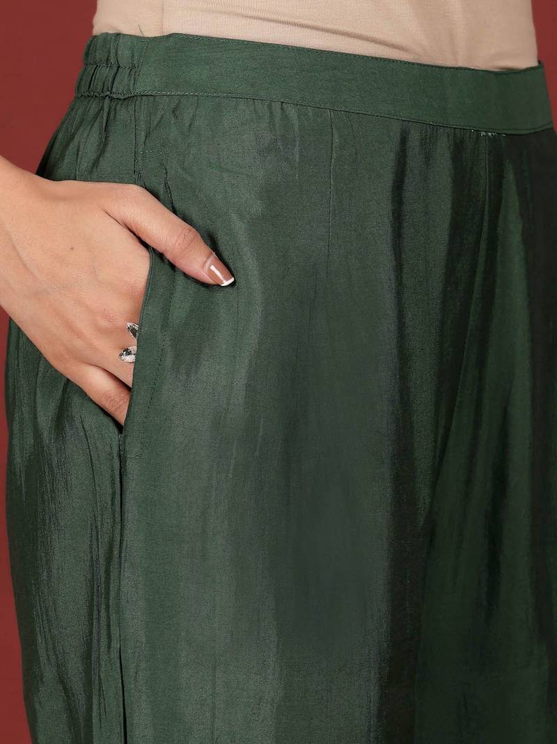 Ethnic Motifs Embroidered Notch Neck Zari Straight Kurta With Trousers & Dupatta