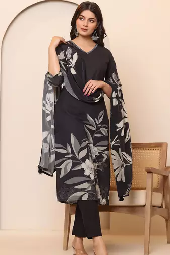 Women Floral Printed Regular Thread Work Pure Cotton Kurta with Trousers & With Dupatta