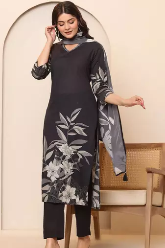 Women Floral Printed Regular Thread Work Pure Cotton Kurta with Trousers & With Dupatta