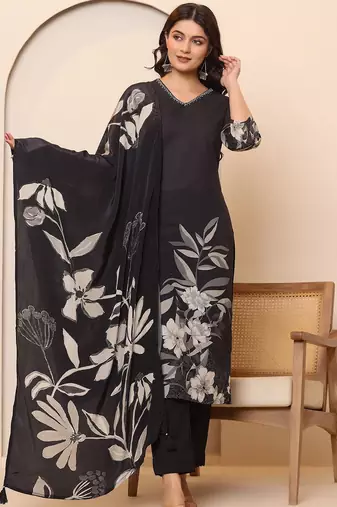 Women Floral Printed Regular Thread Work Pure Cotton Kurta with Trousers & With Dupatta