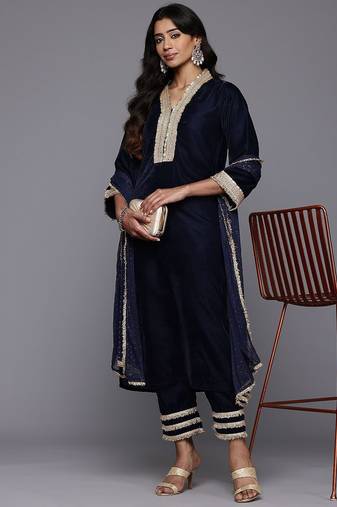 Zari & Sequin Embroidered Winter Velvet Kurta with Trousers & Dupatta