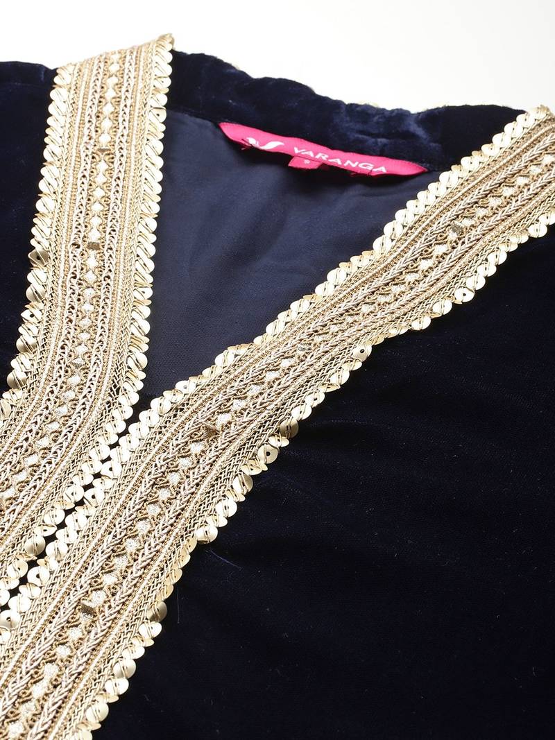 Zari & Sequin Embroidered Winter Velvet Kurta with Trousers & Dupatta
