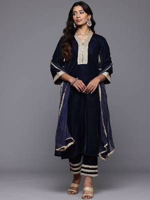 Zari & Sequin Embroidered Winter Velvet Kurta with Trousers & Dupatta 5