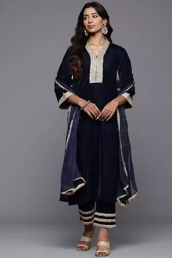 Zari & Sequin Embroidered Winter Velvet Kurta with Trousers & Dupatta