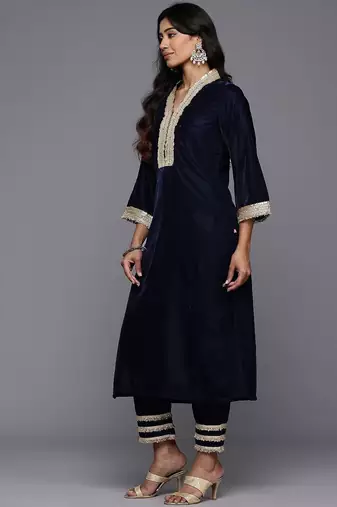 Zari & Sequin Embroidered Winter Velvet Kurta with Trousers & Dupatta