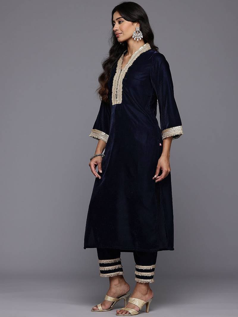 Zari & Sequin Embroidered Winter Velvet Kurta with Trousers & Dupatta