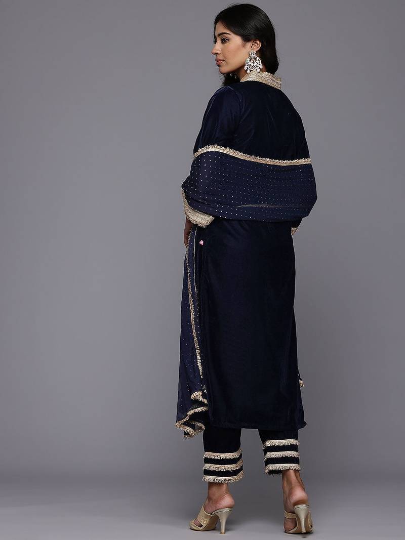 Zari & Sequin Embroidered Winter Velvet Kurta with Trousers & Dupatta