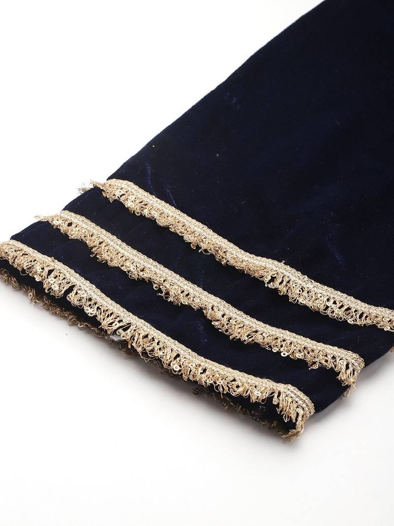 Zari & Sequin Embroidered Winter Velvet Kurta with Trousers & Dupatta