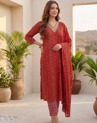 Women Ethnic Motifs Printed Regular Thread Work Kurta with Trousers & With Dupatta 1