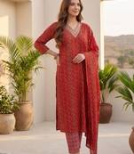 Women Ethnic Motifs Printed Regular Thread Work Kurta with Trousers & With Dupatta