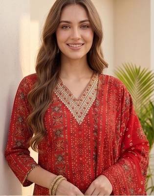 Women Ethnic Motifs Printed Regular Thread Work Kurta with Trousers & With Dupatta 2