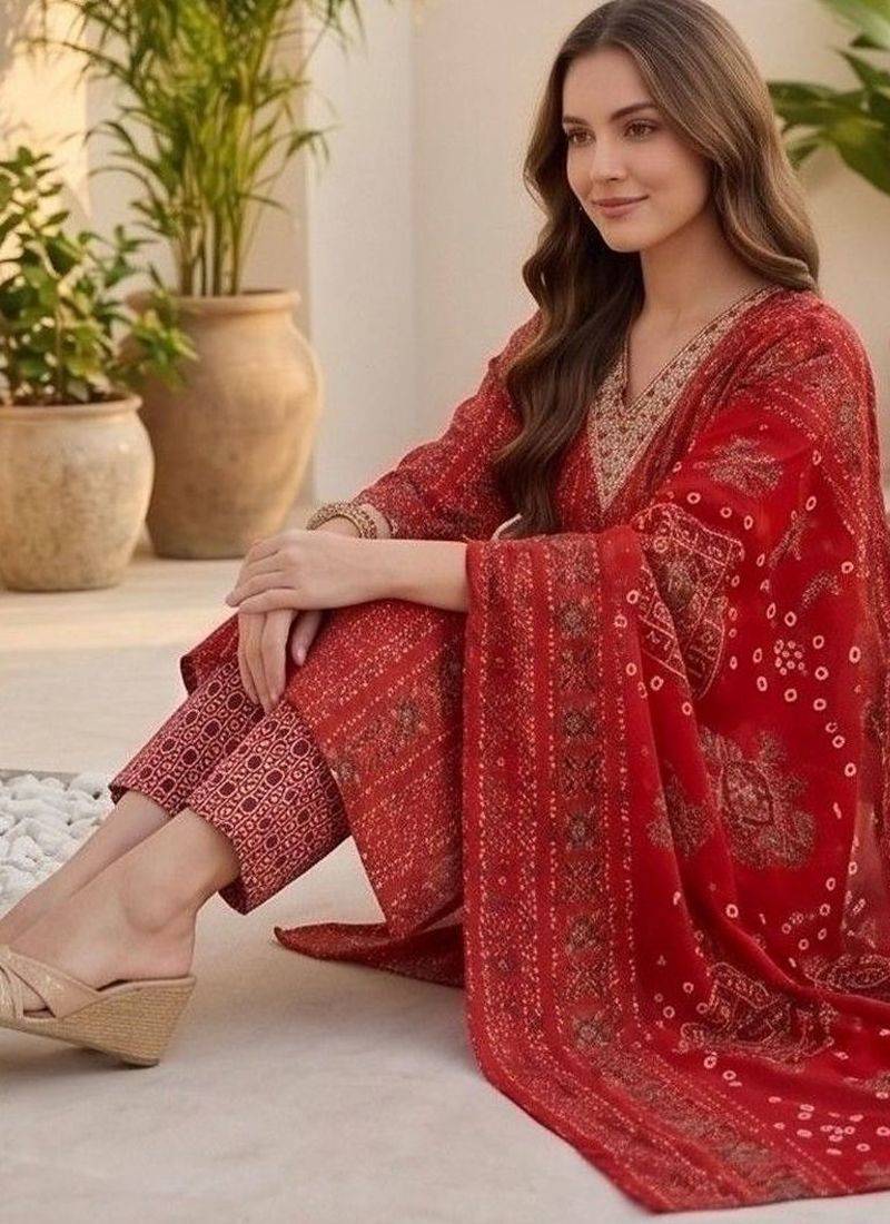 Women Ethnic Motifs Printed Regular Thread Work Kurta with Trousers & With Dupatta