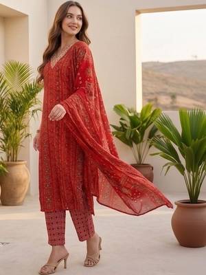 Women Ethnic Motifs Printed Regular Thread Work Kurta with Trousers & With Dupatta 4