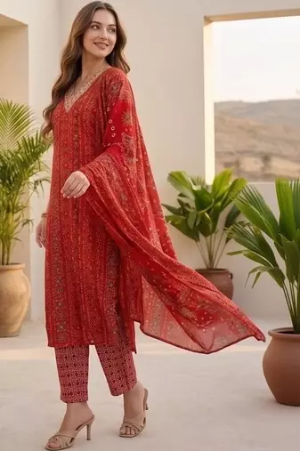 Women Ethnic Motifs Printed Regular Thread Work Kurta with Trousers & With Dupatta