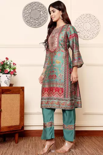 Women Ethnic Motifs Printed Regular Gotta Patti Chanderi Silk Kurta with Trousers