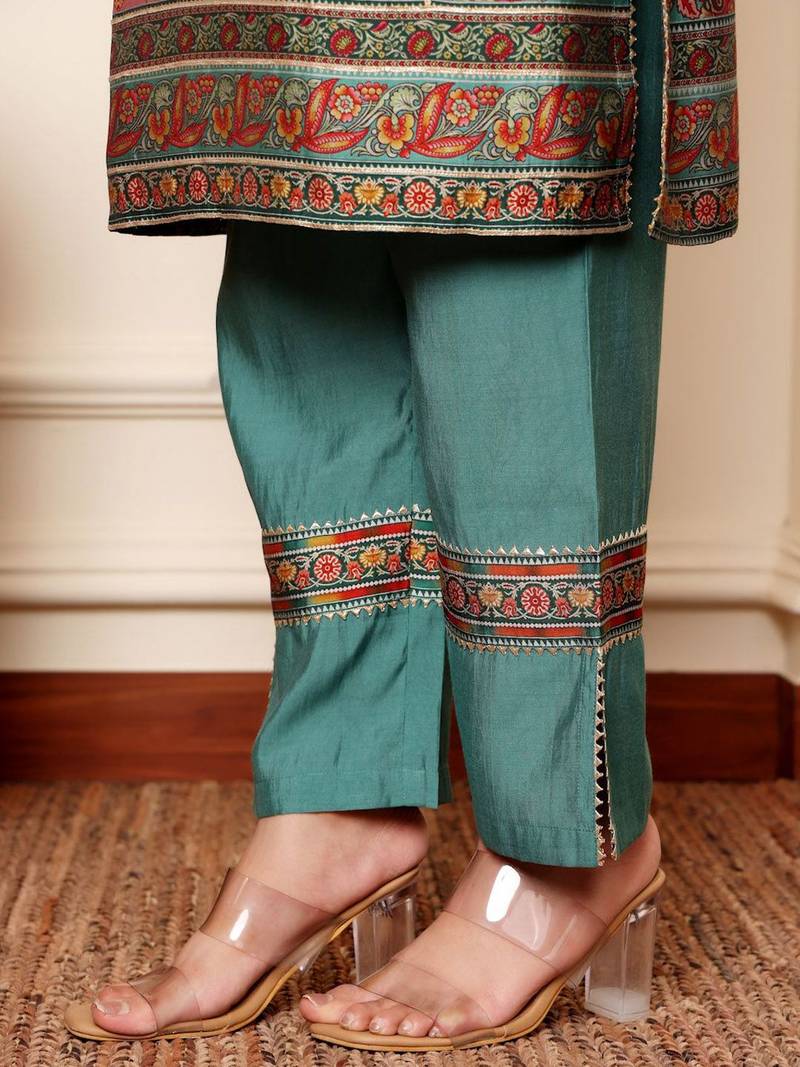 Women Ethnic Motifs Printed Regular Gotta Patti Chanderi Silk Kurta with Trousers