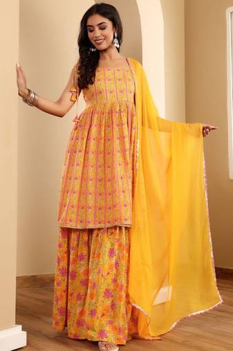 Floral Printed Square Neck Sleeveless Gotta Patti Kurta With Sharara & Dupatta