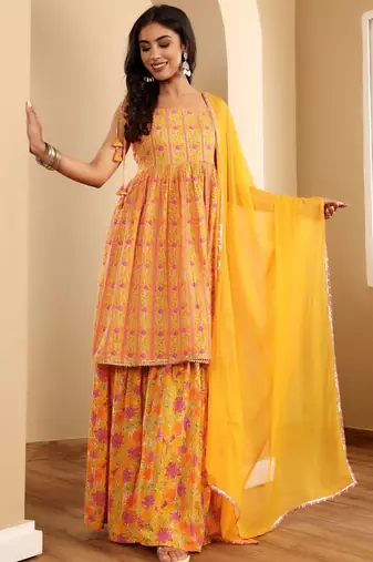 Floral Printed Square Neck Sleeveless Gotta Patti Kurta With Sharara & Dupatta