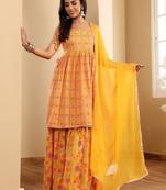 Floral Printed Square Neck Sleeveless Gotta Patti Kurta With Sharara & Dupatta