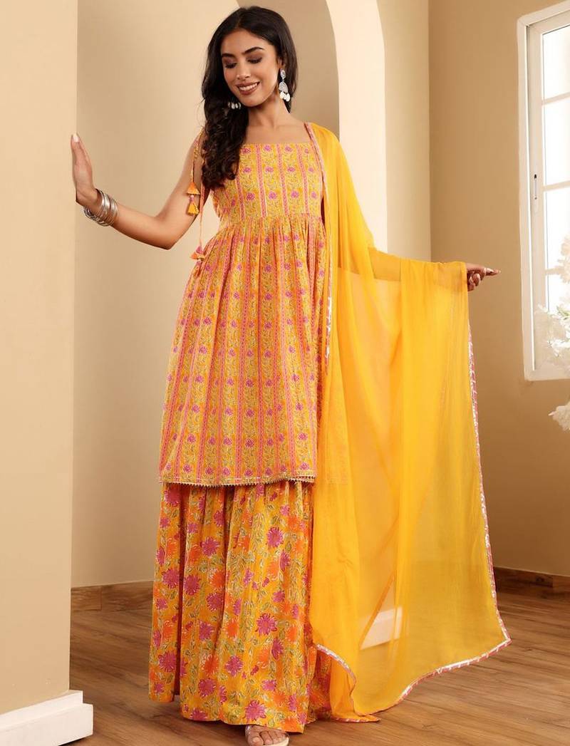 Floral Printed Square Neck Sleeveless Gotta Patti Kurta With Sharara & Dupatta