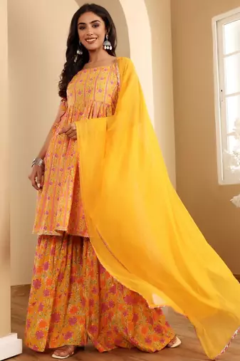 Floral Printed Square Neck Sleeveless Gotta Patti Kurta With Sharara & Dupatta