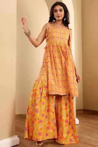 Floral Printed Square Neck Sleeveless Gotta Patti Kurta With Sharara & Dupatta