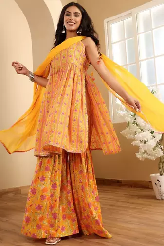 Floral Printed Square Neck Sleeveless Gotta Patti Kurta With Sharara & Dupatta