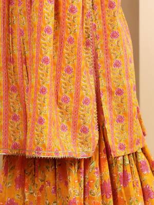 Floral Printed Square Neck Sleeveless Gotta Patti Kurta With Sharara & Dupatta 7