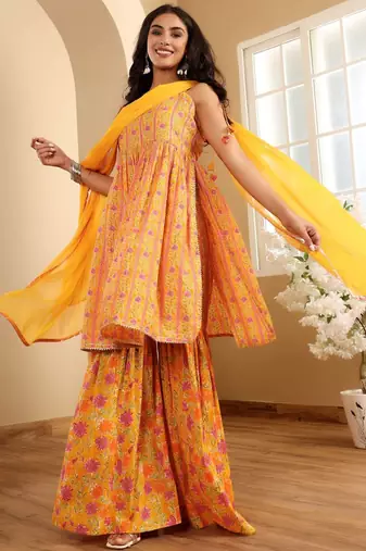 Floral Printed A-Line Kurta With Sharara And Dupatta