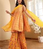 Floral Printed A-Line Kurta With Sharara And Dupatta