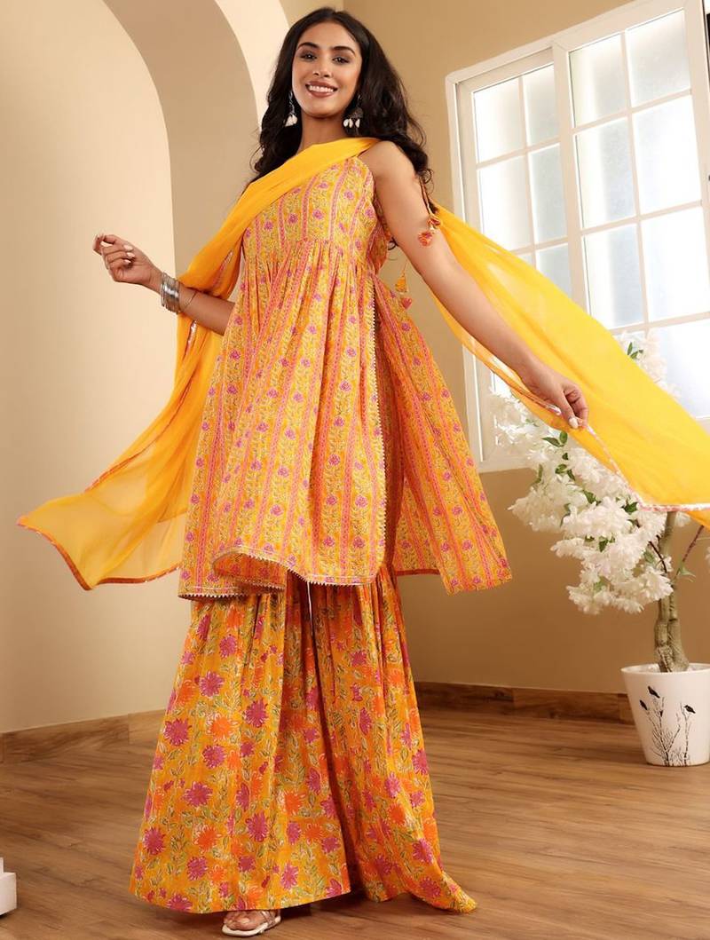 Floral Printed A-Line Kurta With Sharara And Dupatta