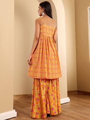 Floral Printed A-Line Kurta With Sharara And Dupatta 4
