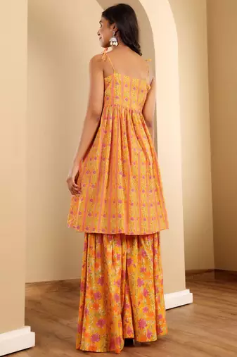 Floral Printed A-Line Kurta With Sharara And Dupatta