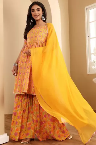 Floral Printed A-Line Kurta With Sharara And Dupatta