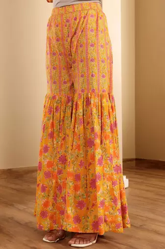 Floral Printed A-Line Kurta With Sharara And Dupatta