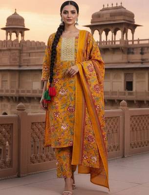 Women Floral Printed Regular Thread Work Kurta with Trousers & With Dupatta 1