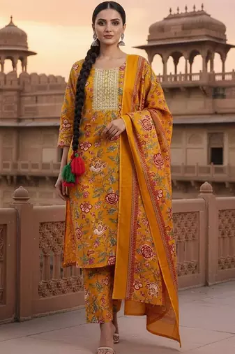 Women Floral Printed Regular Thread Work Kurta with Trousers & With Dupatta