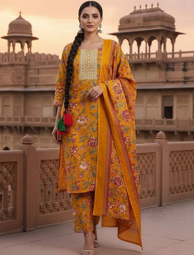 Women Floral Printed Regular Thread Work Kurta with Trousers & With Dupatta