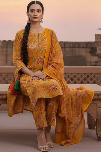 Women Floral Printed Regular Thread Work Kurta with Trousers & With Dupatta
